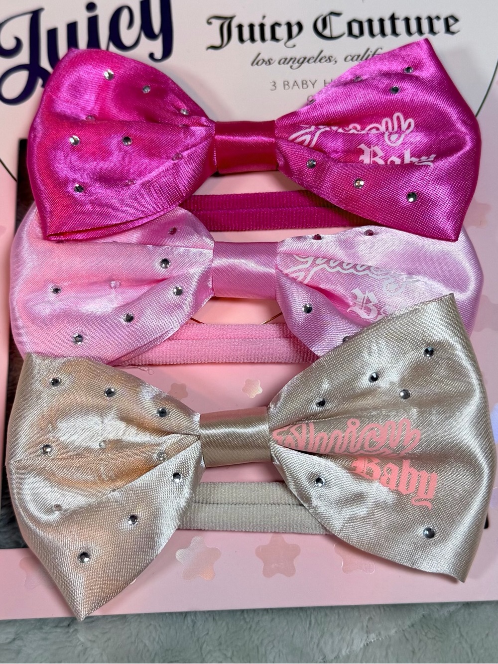 Juicy Couture Baby Headwraps 3 Pack Satin Bow Rhinestone 0-3 Months NWT - Picture 8 of 9